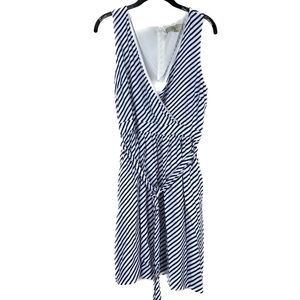 Loft Dress Above The Knee Stripe Belted Fit & Flare Wrap Dress V-Neck Sleeveless